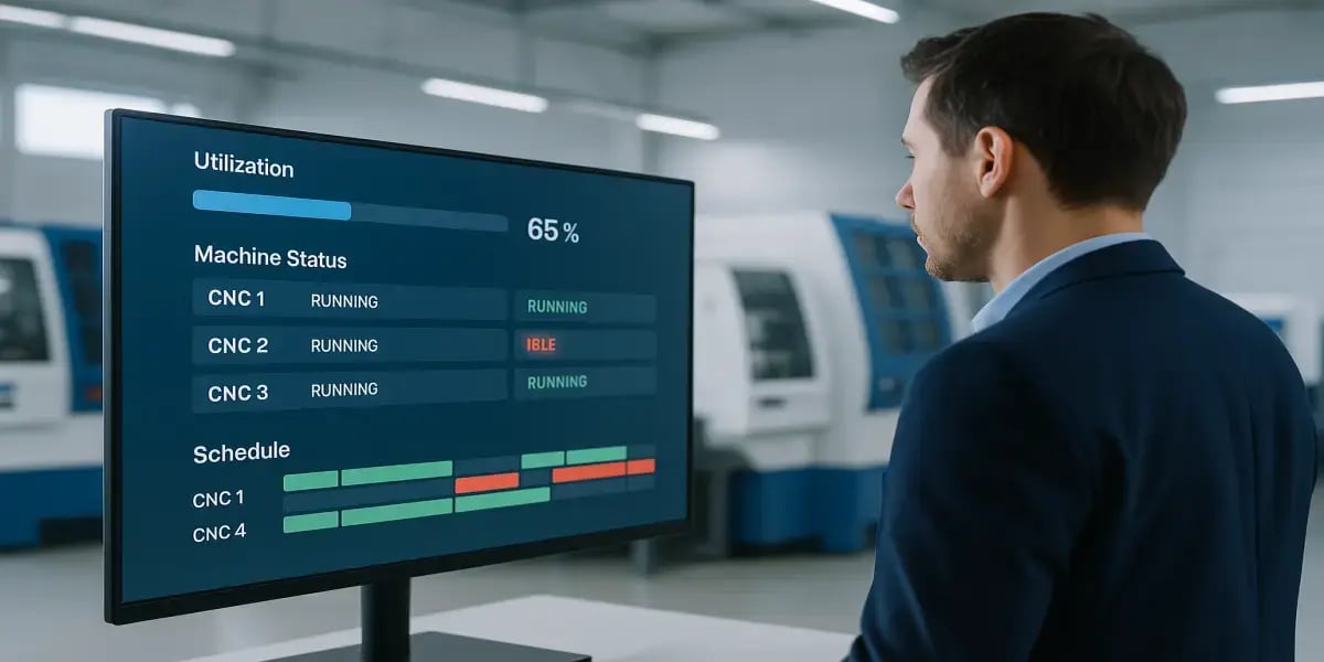 Production manager reviewing a JITbase-style real-time dashboard showing machine status, live progress bars, and dynamic scheduling in a modern CNC workshop.