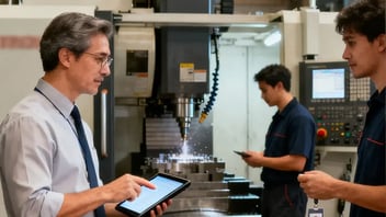 Responsable avec une tablette discutant avec un opérateur devant une machine CNC : logiciel de gestion du temps de travail en usine avec JITbase