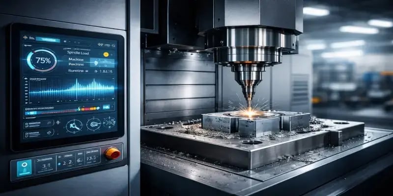 Machine CNC moderne connectée affichant un tableau de bord IoT en temps réel, illustrant l’usinage intelligent et la transformation numérique avec JITbase.