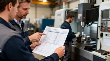 Deux employés d’un atelier CNC examinant un planning de maintenance papier près d’une machine-outil