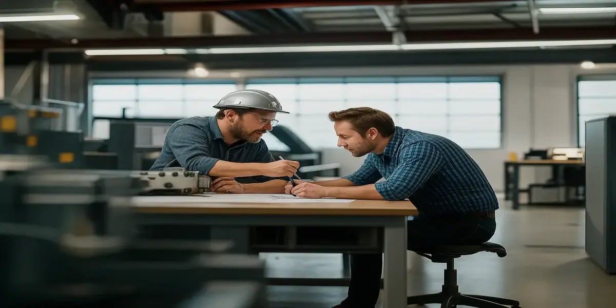 Two production managers discussing planning and scheduling in a modern manufacturing workshop, seated at a table with technical documents and blueprints.