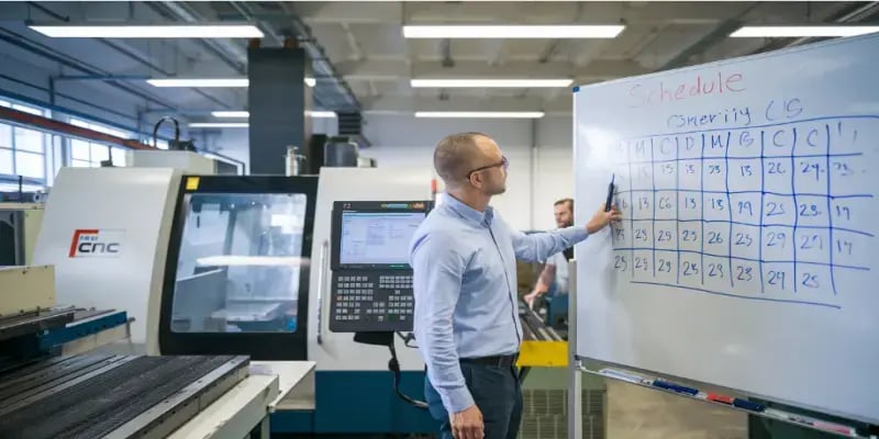 Production supervisor manually updating a scheduling whiteboard in a CNC machine shop, illustrating the limitations of static planning and lack of real-time visibility compared to JITbase digital dynamic scheduling systems.