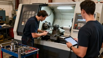 Technicien qui répare un tour CNC pendant qu’un opérateur saisit l’arrêt sur une tablette : MTTR avec JITbase