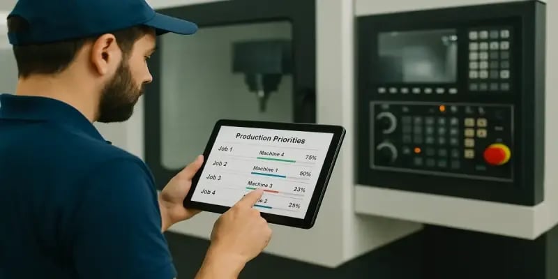 Opérateur en atelier CNC consultant sur tablette ses priorités de production mises à jour en temps réel via une interface JITbase, améliorant la coordination entre machines et opérateurs.