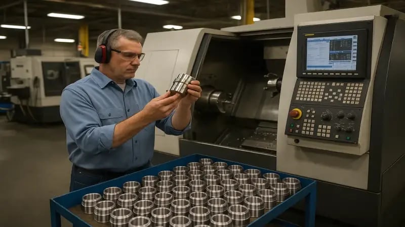 Operators working on an automated production line monitored by an LMS dashboard displaying OEE and takt time indicators.