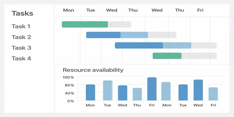 Écran de logiciel de planification affichant l’avancement des tâches et la disponibilité des ressources.