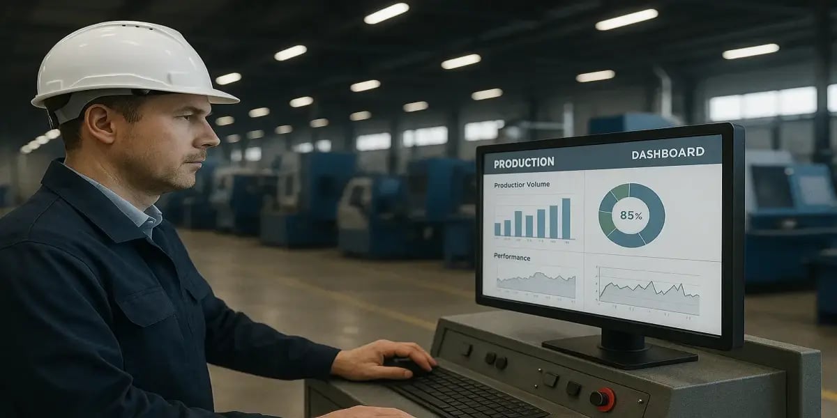 Production manager monitoring a digital dashboard displaying performance metrics in a modern industrial workshop equipped with CNC machines by JITbase