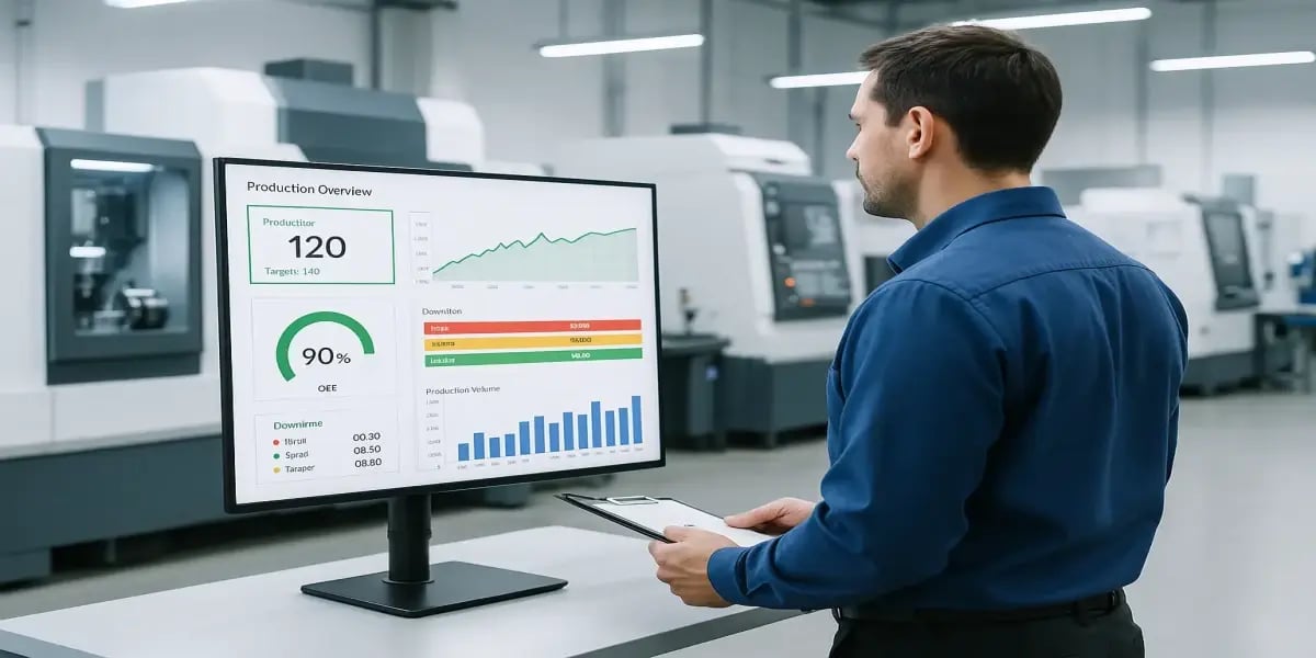 Responsable de production consultant un tableau de bord en temps réel dans un atelier d’usinage moderne JITbase, illustrant la transition vers une production fluide et connectée