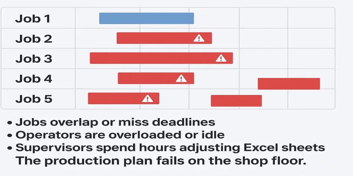 Gantt chart showing overlapping jobs and warning icons, illustrating production schedule conflicts, operator overload, and supervisors manually adjusting Excel sheets when the plan fails on the shop floor.