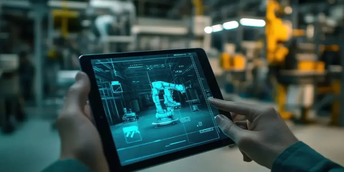 Operator using a tablet with augmented reality to monitor a robotic workstation in real time, illustrating smart factory automation and real-time monitoring with JITbase.
