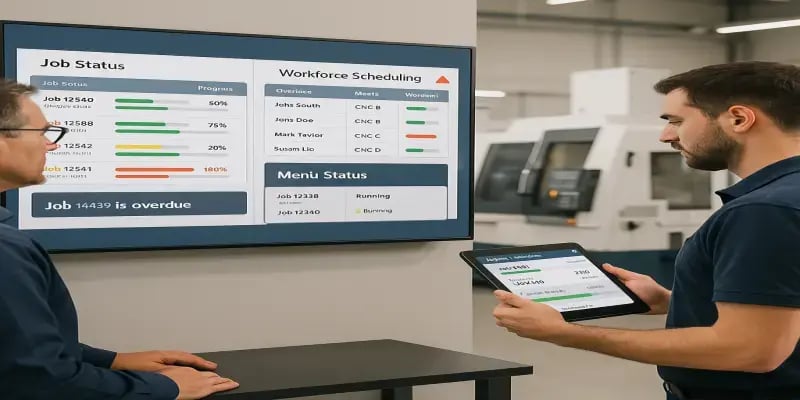 Operator using a JITbase mobile workforce interface while a supervisor monitors real-time labor scheduling and job progress on a shop-floor dashboard.