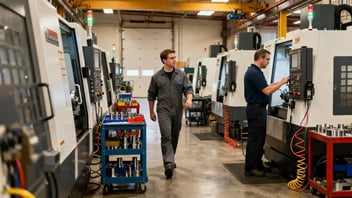 Two CNC machinists working among a row of milling machines on a shop floor — real-time monitoring with JITbase