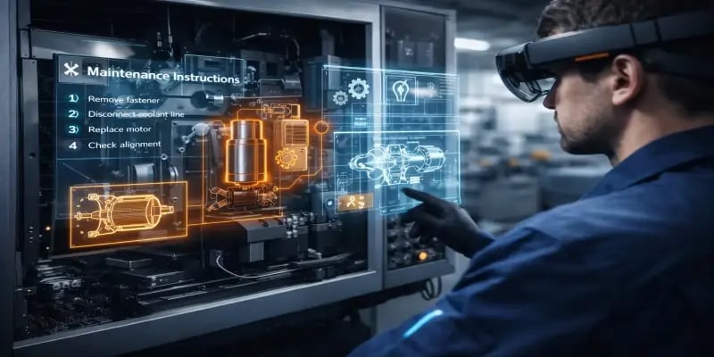 Opérateur d’usinage utilisant un casque de réalité augmentée pour suivre des instructions en temps réel sur une machine CNC, illustrant la transformation numérique avec JITbase.