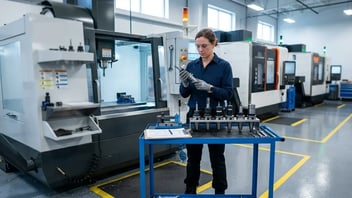 Machiniste inspectant un porte-outil préréglé avant un changement de série planifié : réduire les temps de réglage avec JITbase