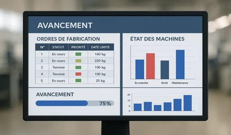 Écran GPAO affichant l’avancement des ordres de fabrication et l’état des machines