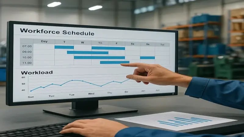 Supervisor reviewing labor cost analytics on a digital dashboard in an automated warehouse.