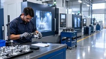 Machiniste mesurant une pièce au poste de contrôle pendant qu'un centre d'usinage CNC tourne derrière lui : tâches opérateur en temps masqué avec JITbase