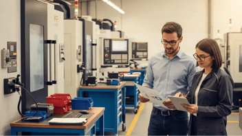 Superviseur et opérateur d'atelier CNC consultant ensemble un rapport de production et une tablette, mise en place du travailleur connecté avec JITbase