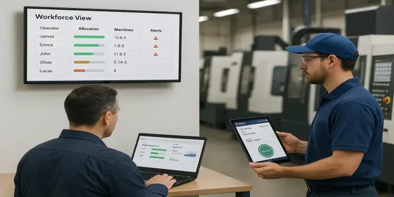 Superviseur analysant la charge des opérateurs sur un tableau Workforce Management tandis qu’un machiniste consulte son interface JITbase à côté d’une machine CNC.