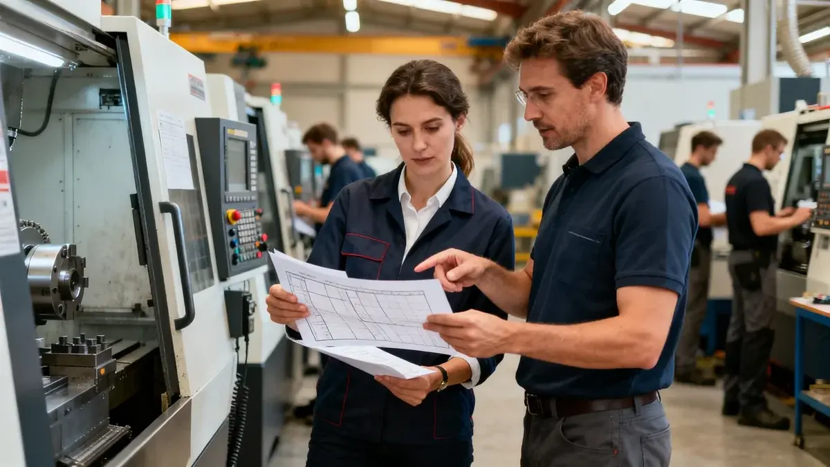 Deux collègues examinant une feuille de données de production en atelier CNC — analyse des causes racines des arrêts avec JITbase