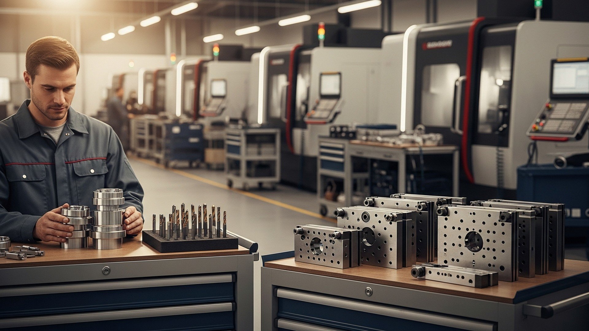CNC operator organizing tooling and machined parts on a shop floor, illustrating Kaizen experiments to reduce setup time, improve cycle time, and optimize production efficiency with JITbase.