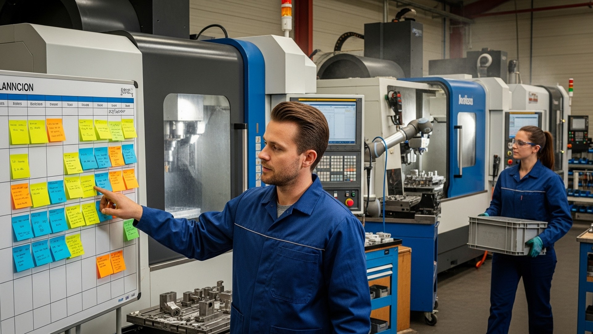 CNC production planning board with operator organizing work orders in a machine shop