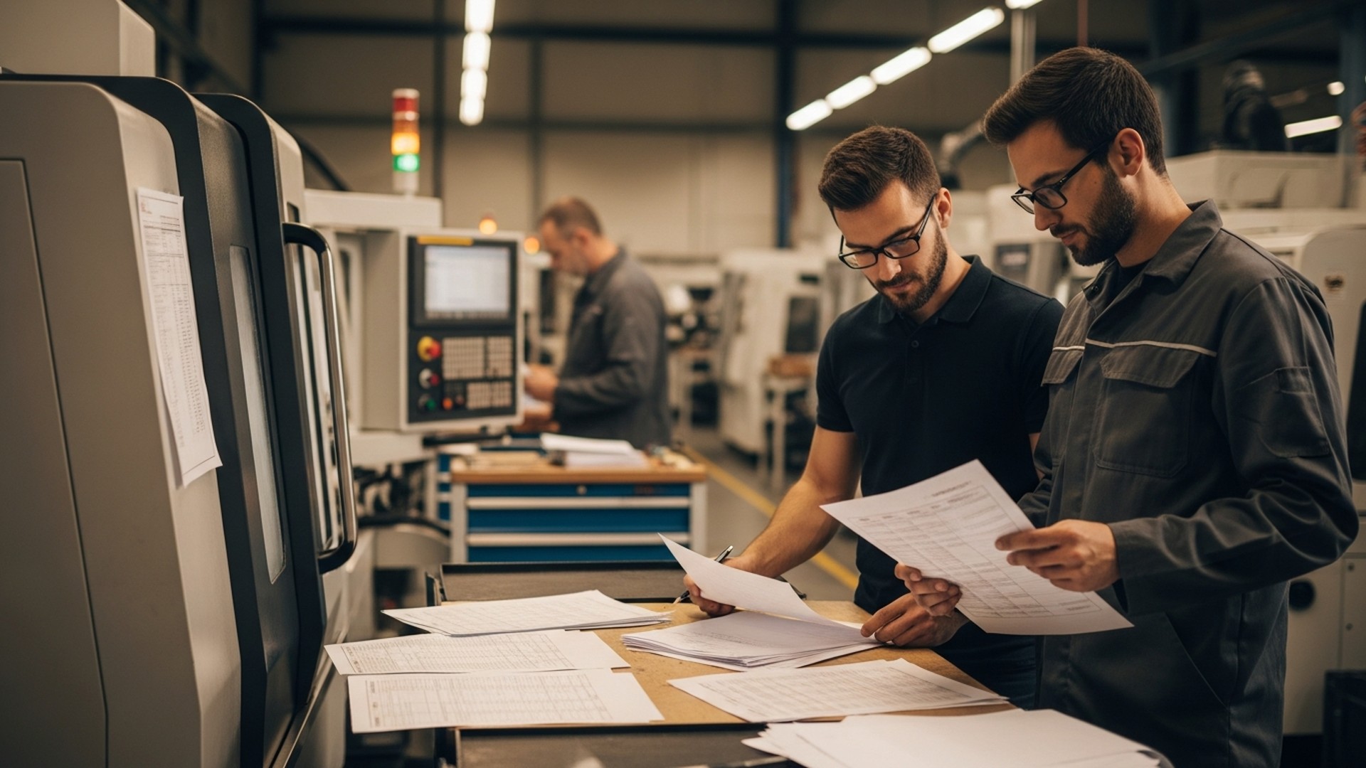 Deux techniciens d'atelier CNC analysant des fiches de données de production avant le déploiement d'un logiciel TRS — audit des données et validation des temps de cycle avec JITbase.