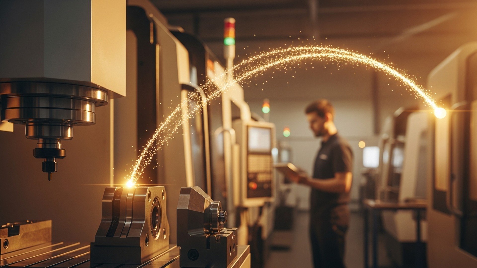 CNC machines connected through automated data flow, illustrating reduced manual interventions, MES and ERP integration, and real-time shop-floor automation with JITbase.