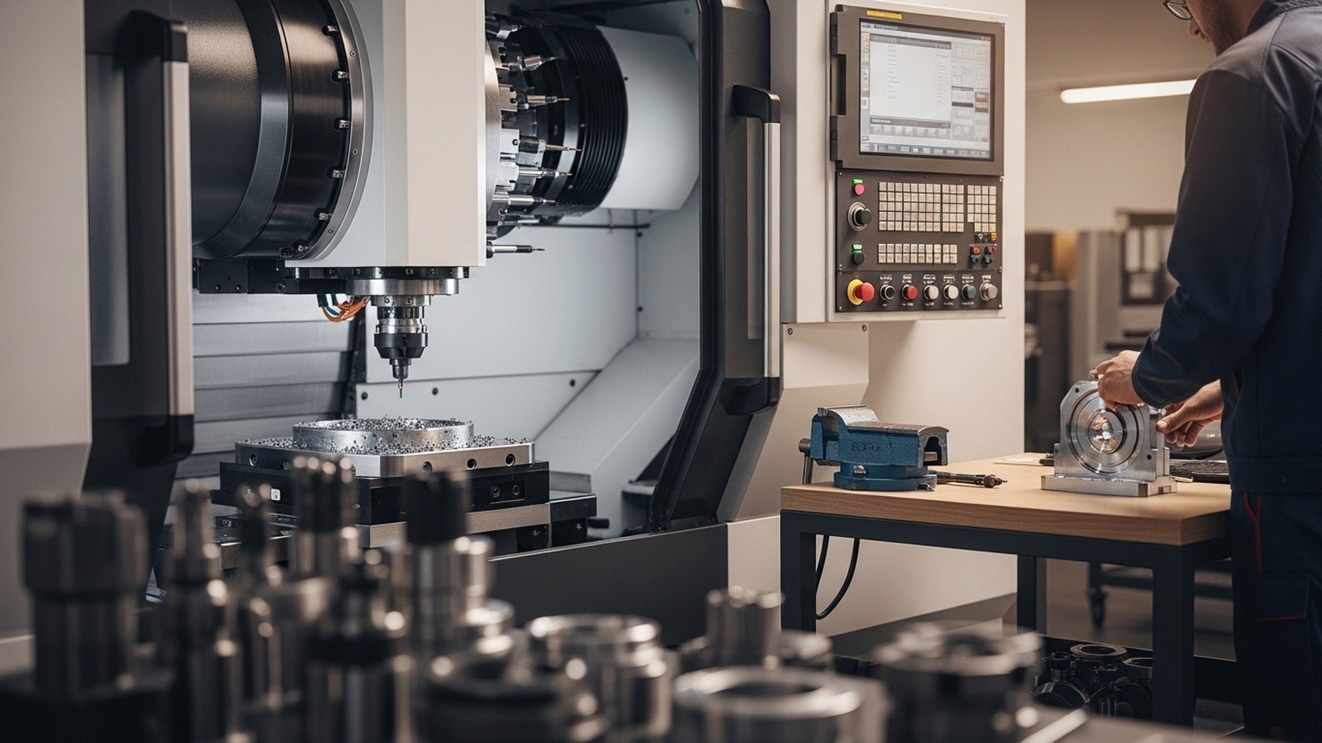 CNC operator setting up a machining center with automated tool change, illustrating shop-floor automation, reduced setup time, and efficient production workflows with JITbase.