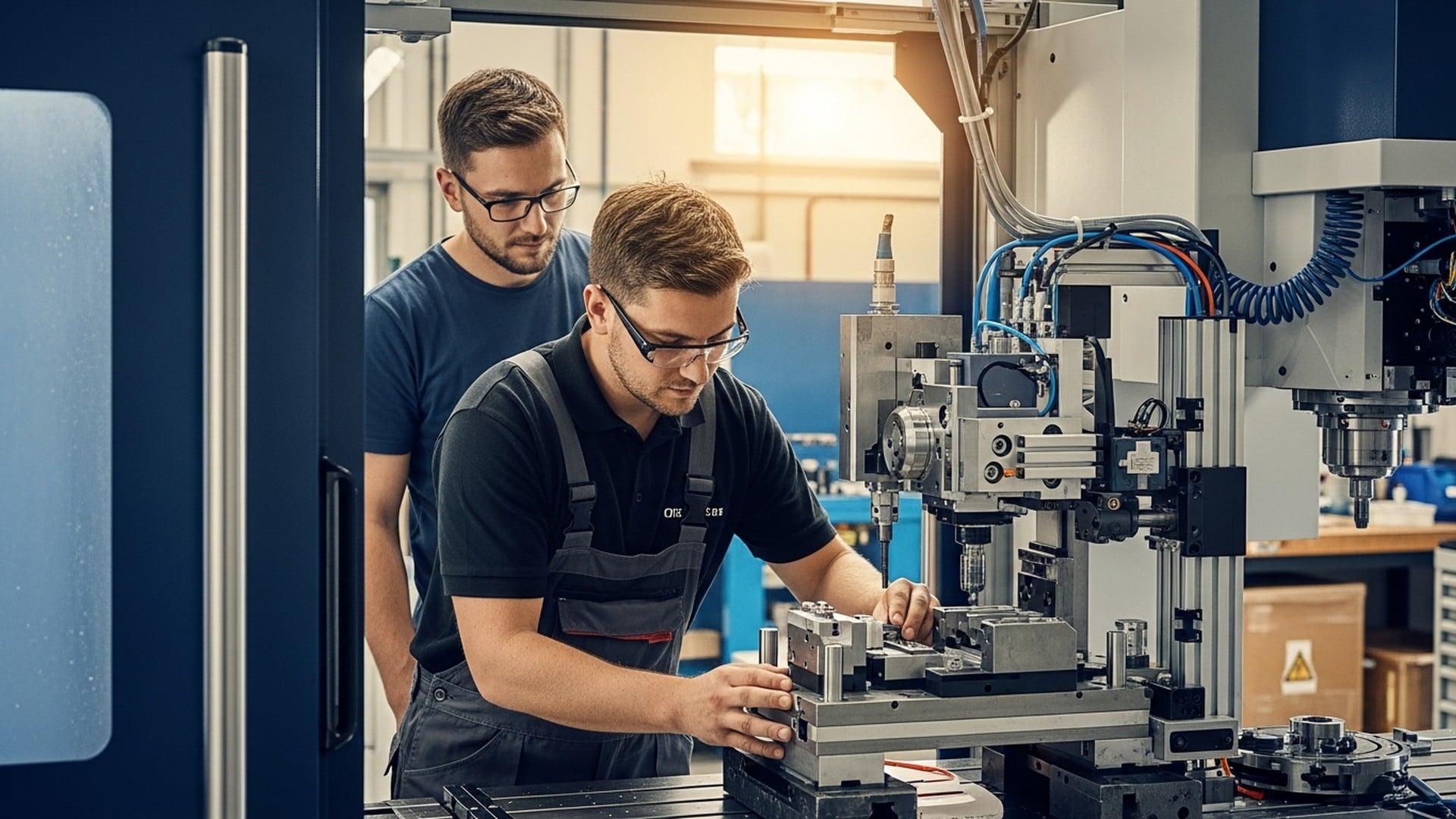 Deux techniciens ajustant un montage sur un centre d'usinage CNC — automatisation à faible coût avec JITbase