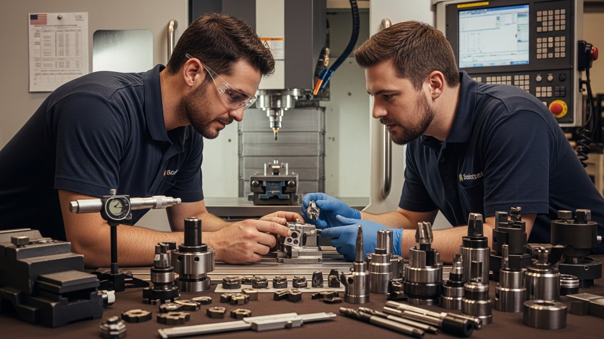 Deux techniciens CNC évaluant des pièces usinées et des outils de coupe devant un centre d'usinage — comparatif logiciels CNC pour ateliers de précision.