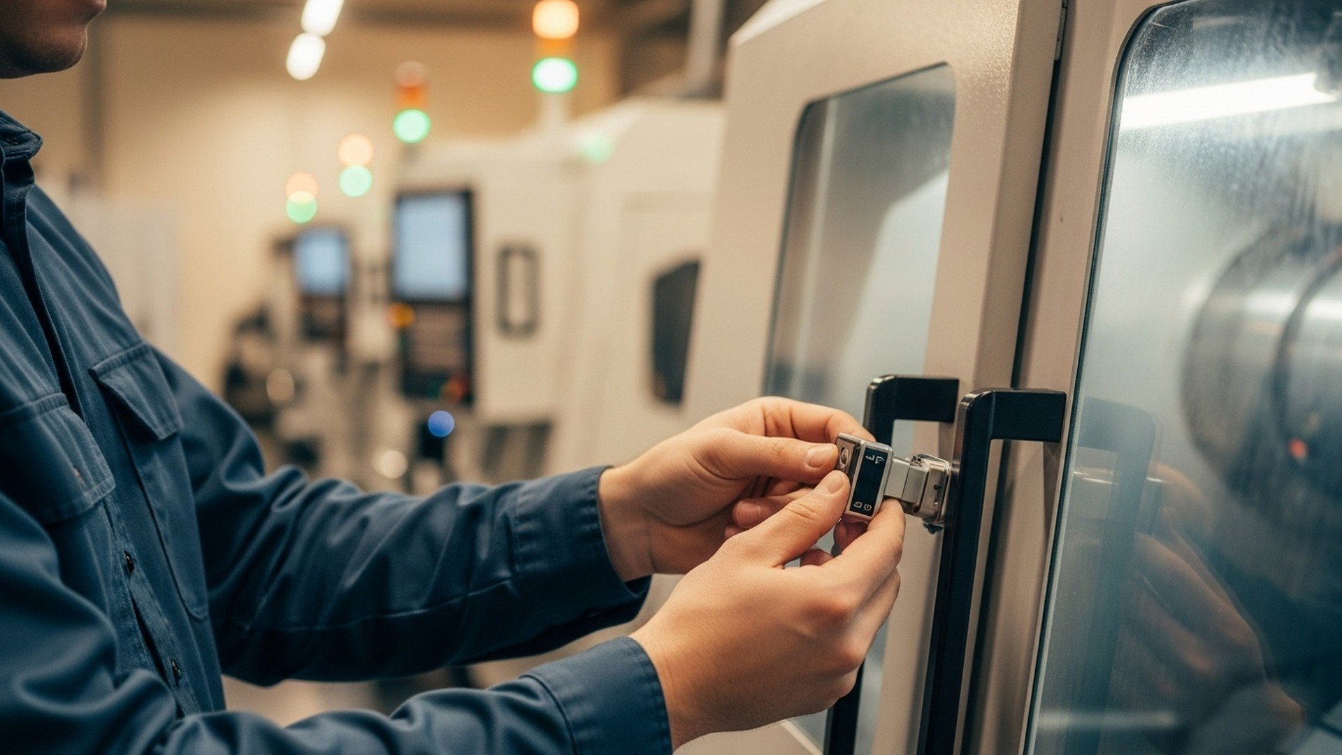 Opérateur verrouillant une machine CNC avant démarrage, avec voyants de statut visibles en arrière-plan — suivi de production et supervision machine en temps réel avec JITbase.