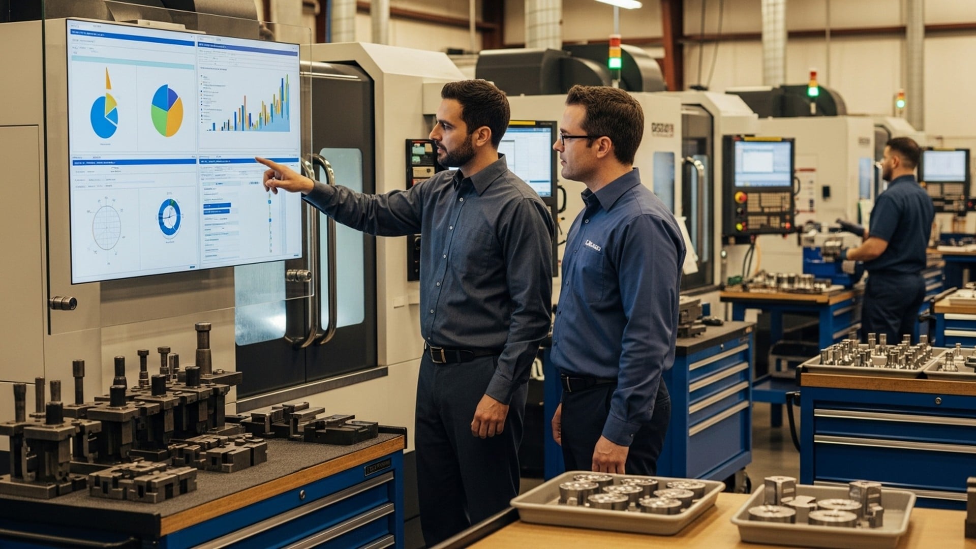 Deux responsables d'atelier CNC analysant des tableaux de bord d'analytique manufacturière sur écran près d'un centre d'usinage — TRS, temps de cycle et KPI de production avec JITbase.
