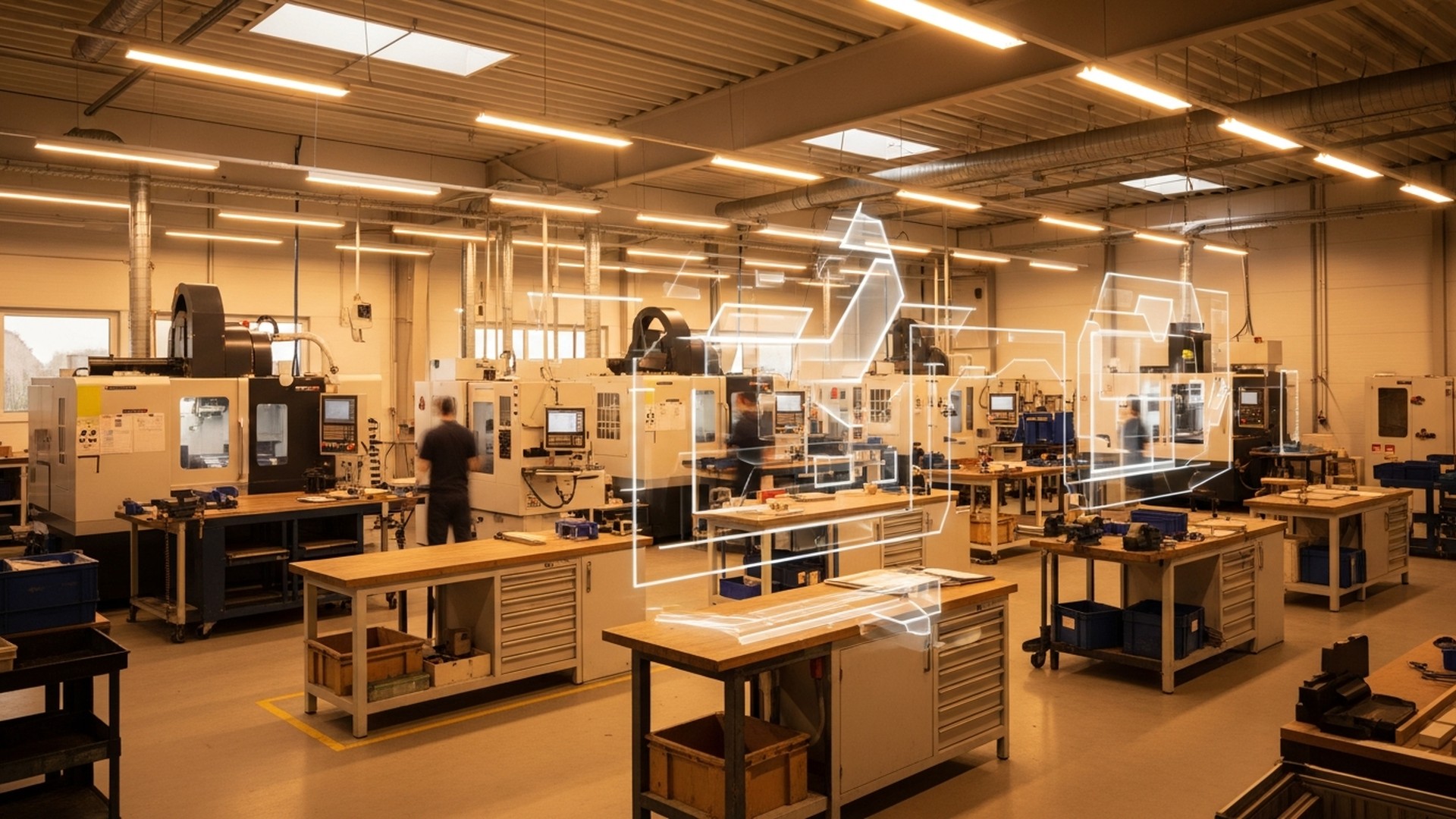 Modern CNC shop floor with digital production planning overlays, illustrating real-time shop-floor control, scheduling optimization, and connected manufacturing powered by JITbase.