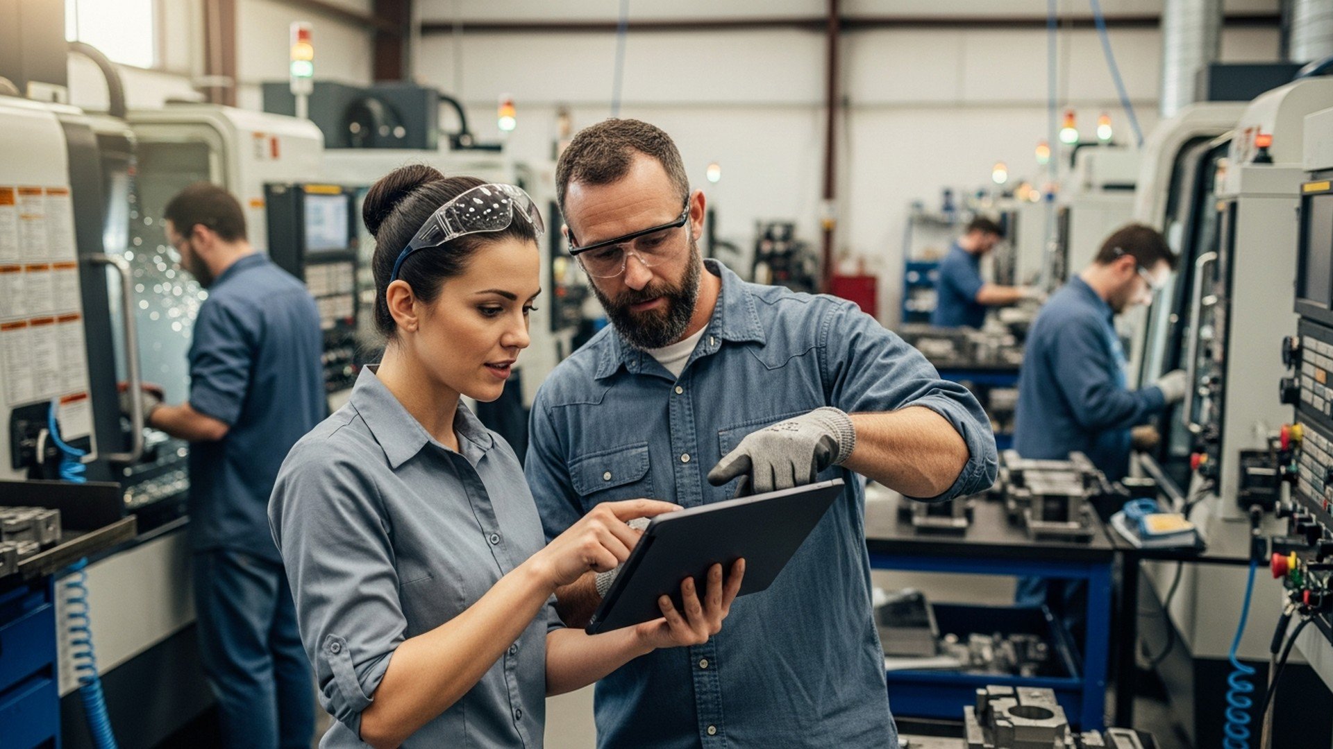 Operators using a tablet on the CNC shop floor to monitor production, illustrating shop-floor management software and real-time manufacturing visibility.