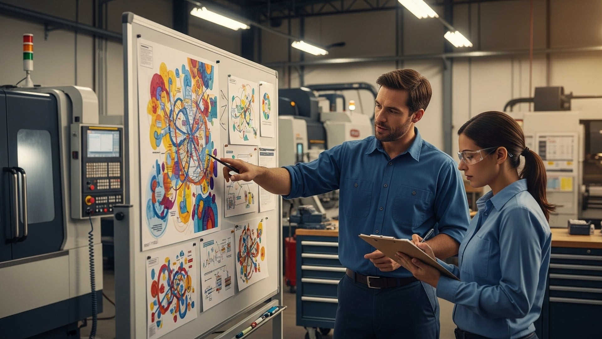 Manufacturing engineers reviewing production workflow diagrams to build an OEE dashboard in a CNC shop.