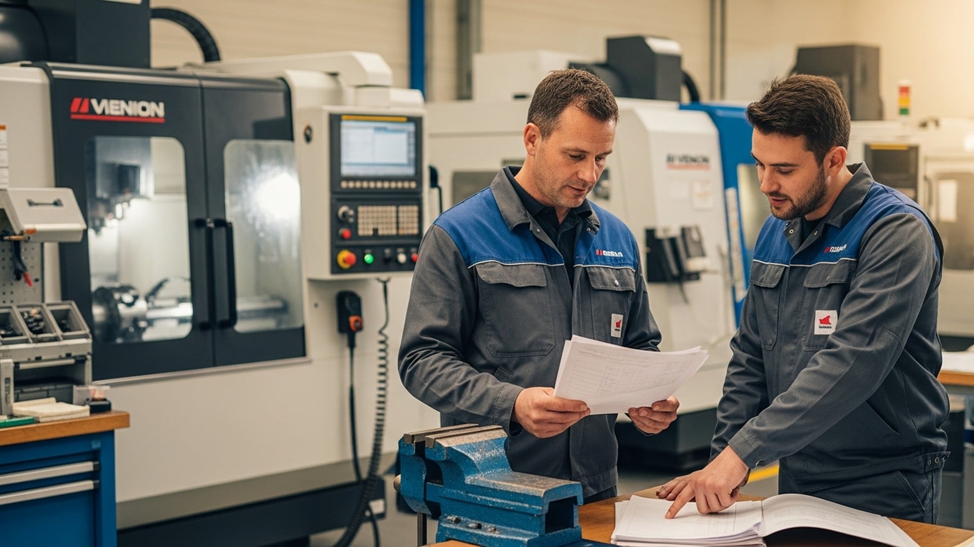 Deux techniciens CNC analysant des documents de production devant des machines-outils — calcul du ROI d'un logiciel de gestion de production SaaS - JITbase
