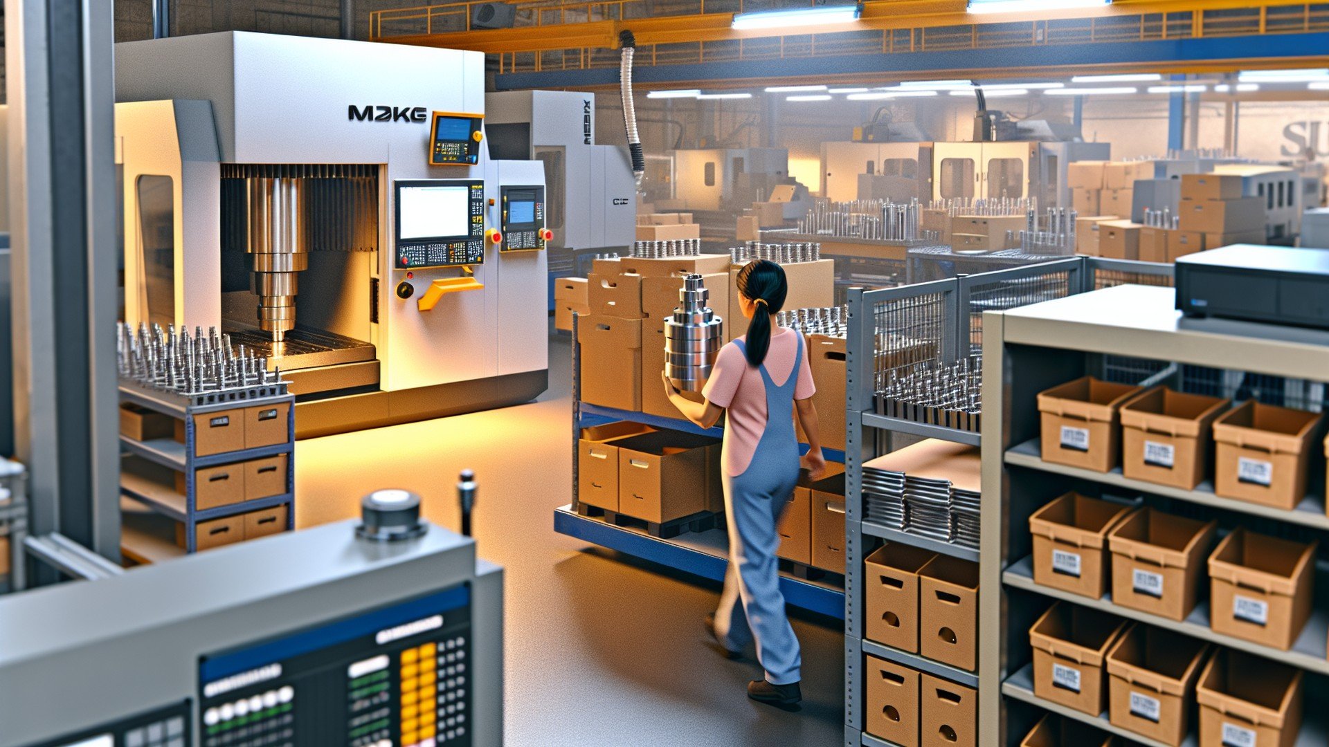 Atelier d’usinage équipé de centres CNC modernes, avec une opératrice transportant des pièces métalliques entourée de machines, de bacs de production et de postes de suivi ; scène illustrant la planification de capacité et le suivi de production automatisé avec JITbase.