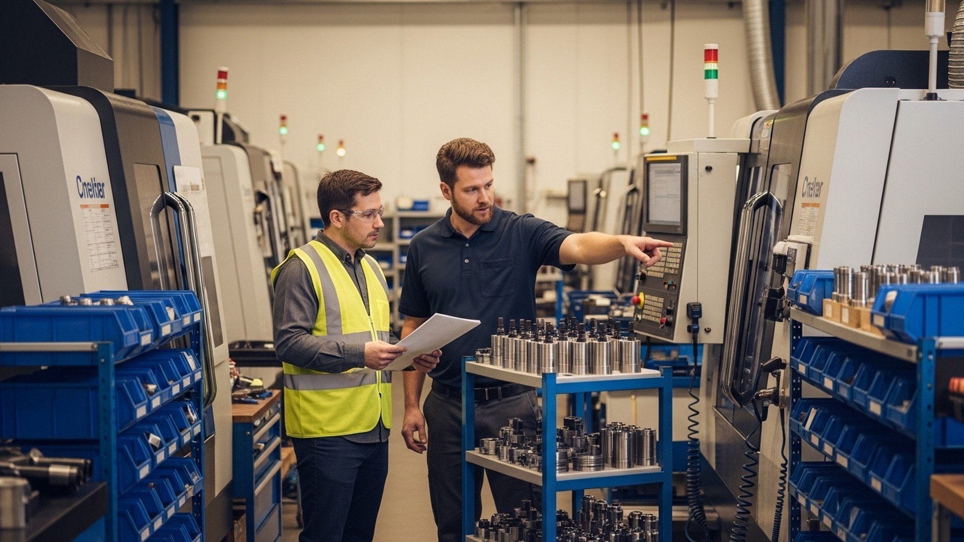 Superviseur et opérateur analysant un poste CNC dans un atelier d’usinage, entourés de pièces usinées et de machines connectées ; illustration de la gestion de la main-d’œuvre, du suivi des opérations et de l’ordonnancement en temps réel avec JITbase.