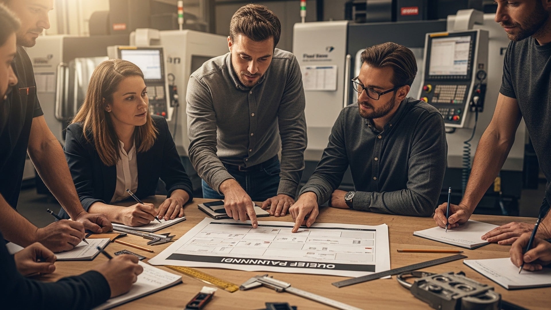 Équipe en atelier CNC analysant un plan de production et un planning de travail, illustrant la planification industrielle et la coordination des opérations.