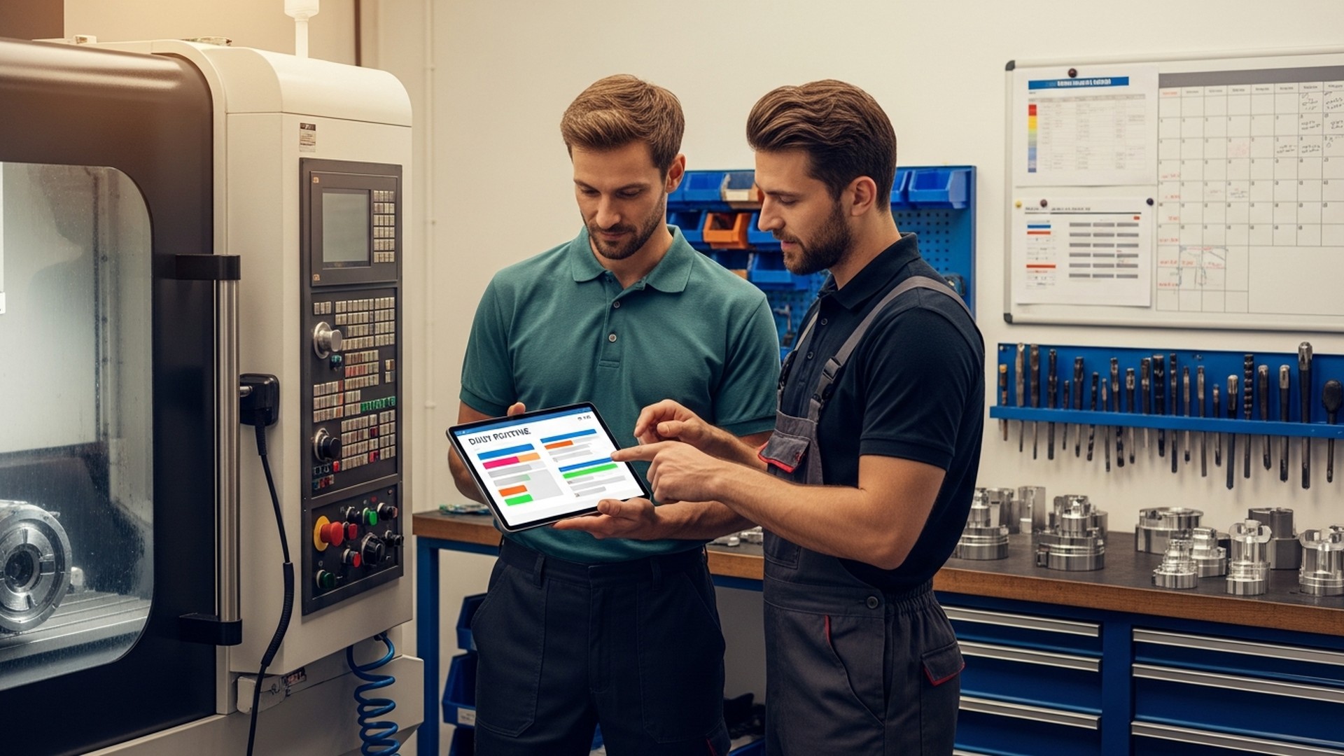 Production manager and CNC operator reviewing the daily job schedule on a tablet next to a CNC machine — shop floor routine with JITbase