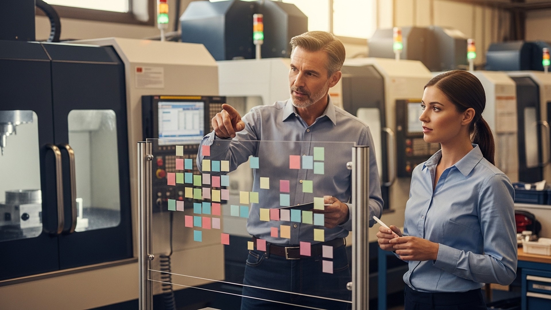 Two managers reviewing a color-coded KPI board on a glass panel in a CNC machine shop — OEE dashboard with JITbase