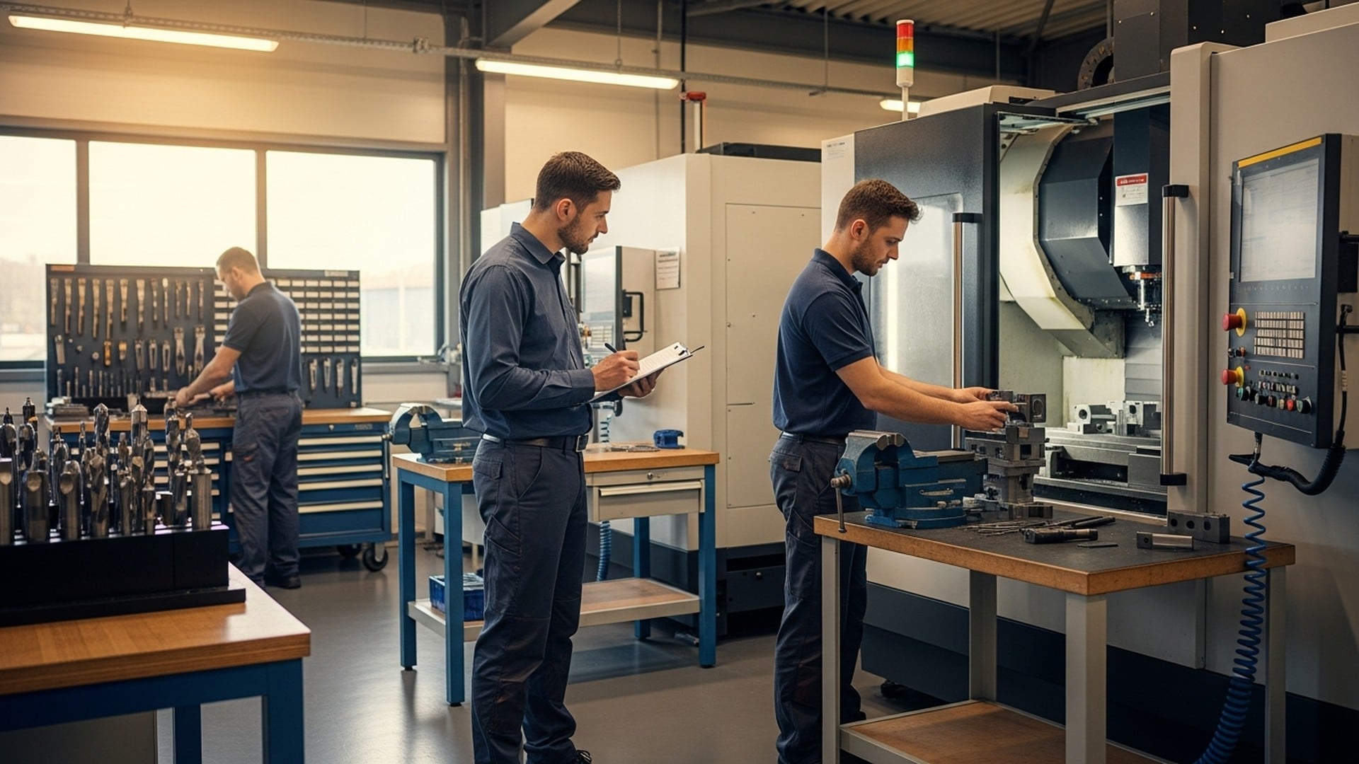 Techniciens observant et notant la charge de travail à un poste CNC, diagnostic charge opérateur avec JITbase