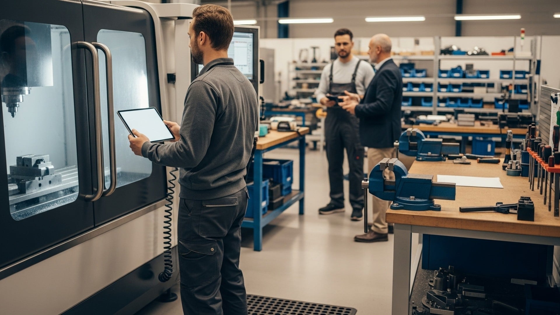 Opérateur consultant une tablette près d'une machine CNC pendant un échange entre superviseur et responsable — gestion de la main-d'œuvre avec JITbase