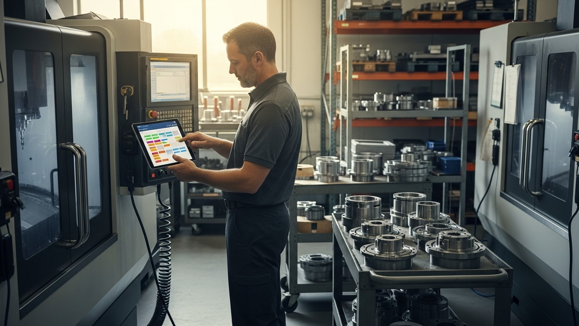 Opérateur consultant un planning de production coloré sur tablette près de machines CNC -- auto-diagnostic d'encours avec JITbase