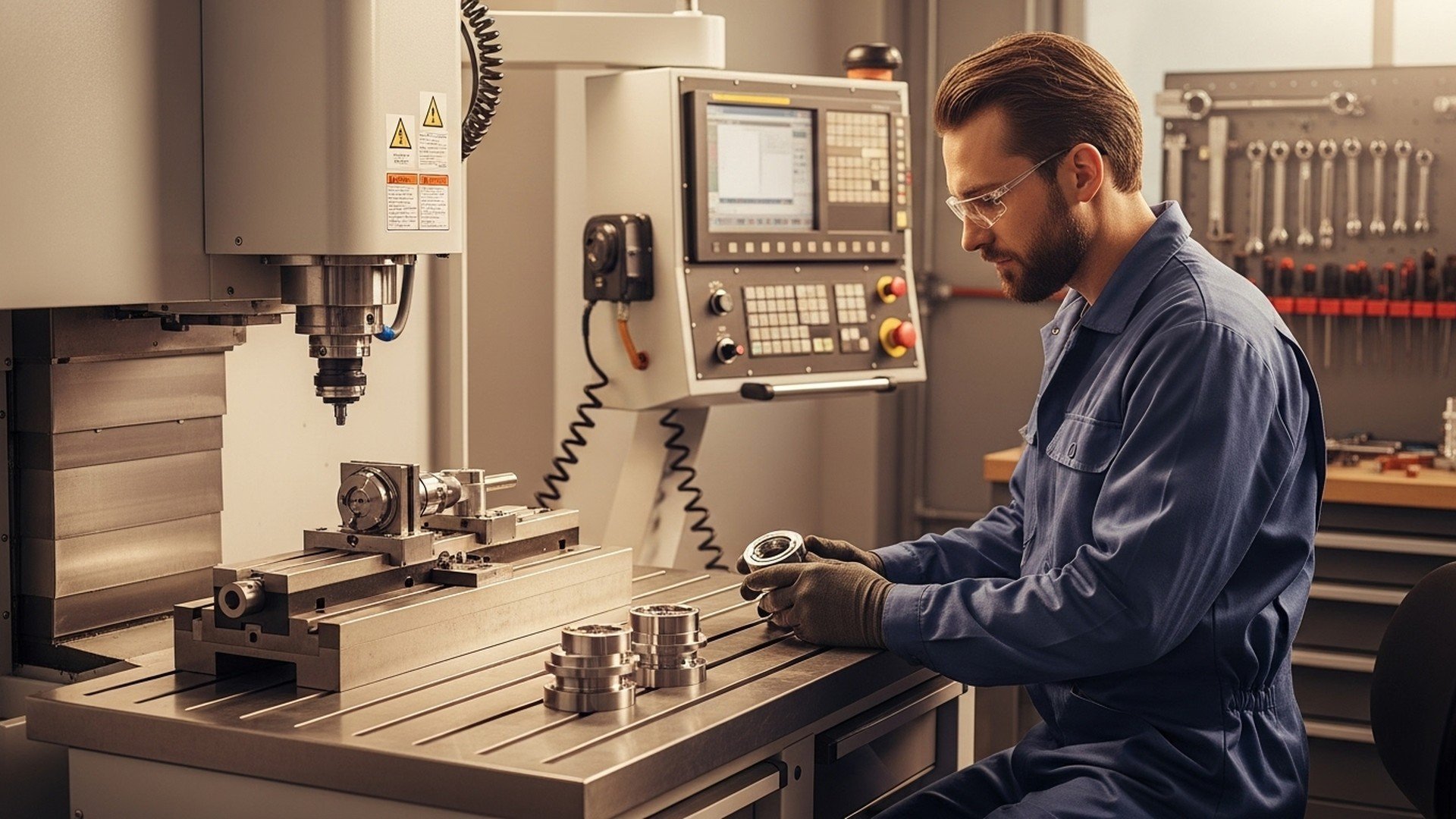 Opérateur contrôlant une pièce usinée sur une machine CNC, avec pupitre de commande et outillage à proximité ; illustration de la capture des temps de cycle, du suivi opérateur et de l’exploitation des données G-code avec JITbase.