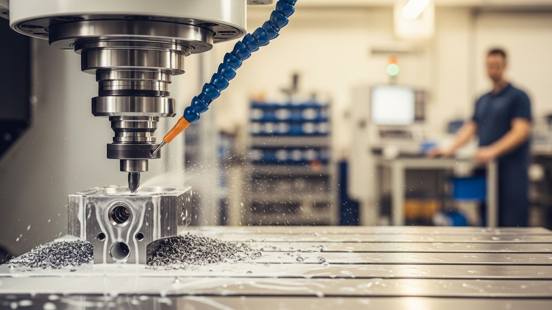 Close-up of a CNC milling machine cutting a metal part with coolant spraying, illustrating real-time machining data capture and cycle-time optimization with JITbase