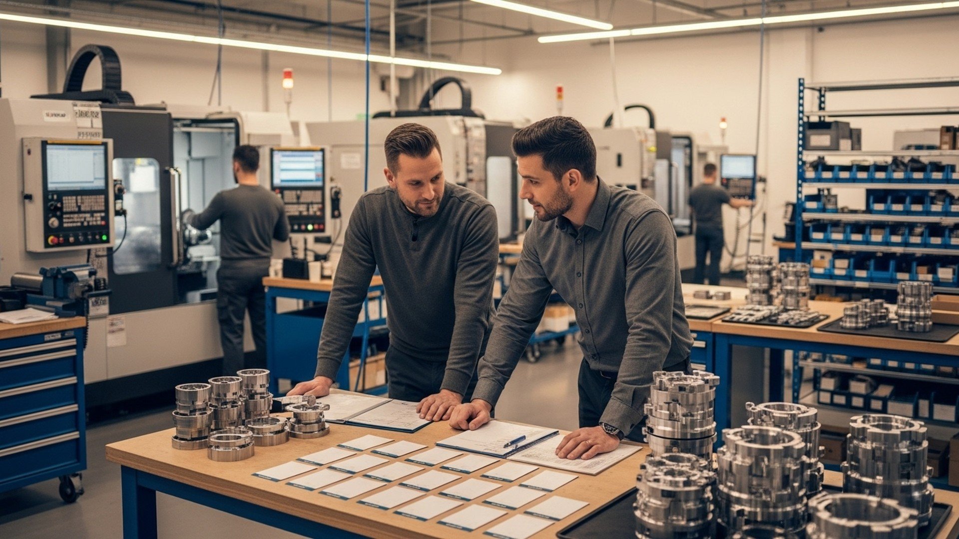 Deux responsables de production analysent des ordres de fabrication dans un atelier CNC moderne, avec machines en fonctionnement et pièces usinées en arrière-plan — gestion de production en temps réel avec JITbase
