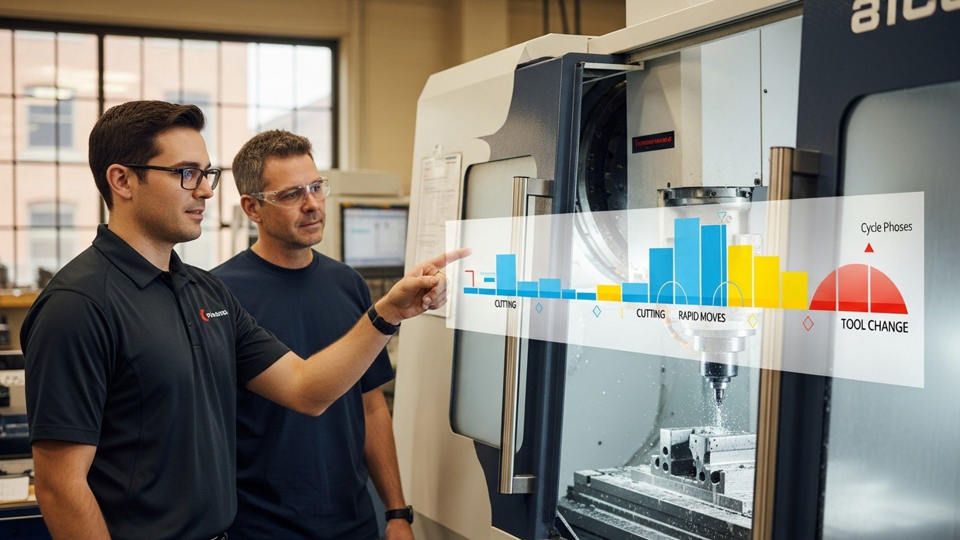 Engineers analyzing CNC machine cycle times with a digital chart overlay showing cutting, rapid moves, and tool changes, illustrating JITbase G-code cycle time extraction.