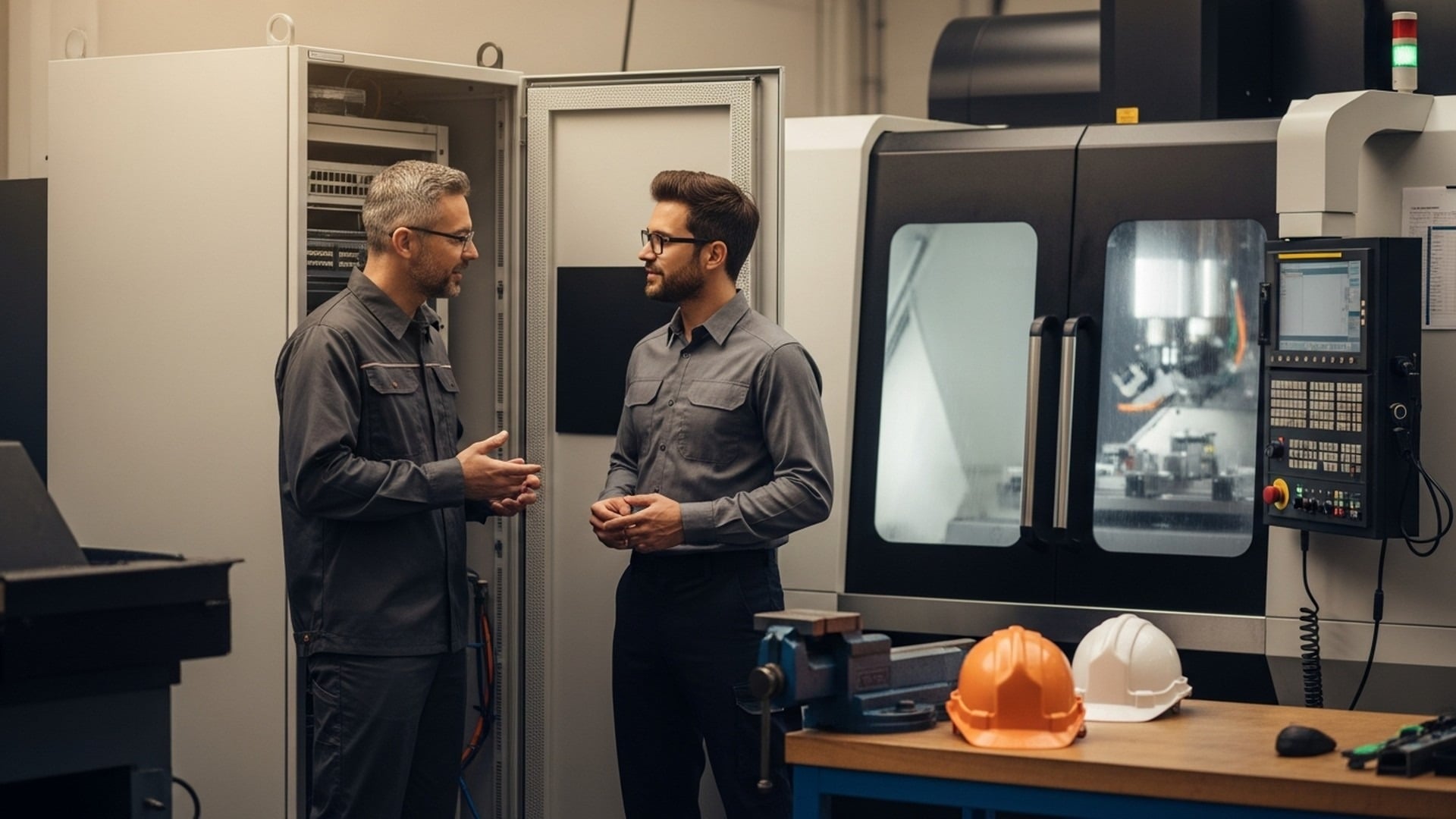 Two professionals talking near an electrical cabinet and a CNC machine - OEE software governance with JITbase